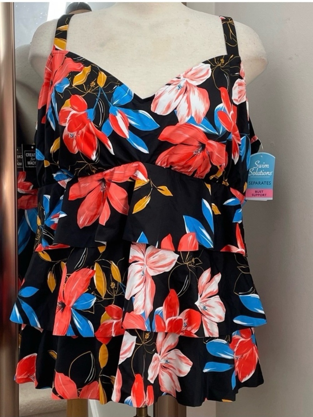 Macy's Black Floral Ruffle Camisole with Coral, Blue & Yellow Accents